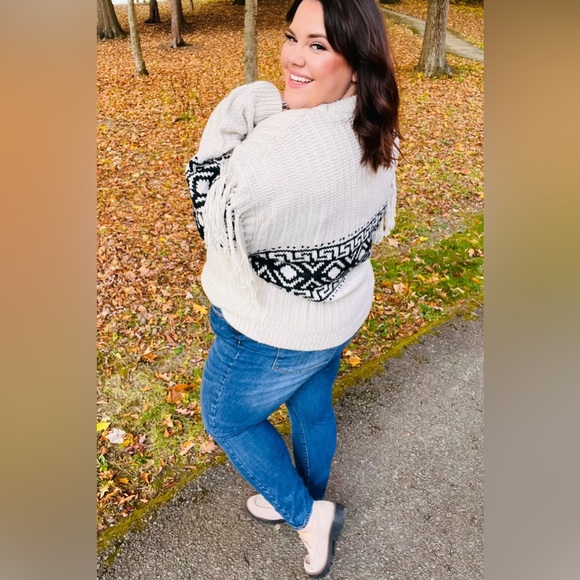 Ready For Anything Taupe & Black Tassel Aztec Sweater - Picture 3 of 16